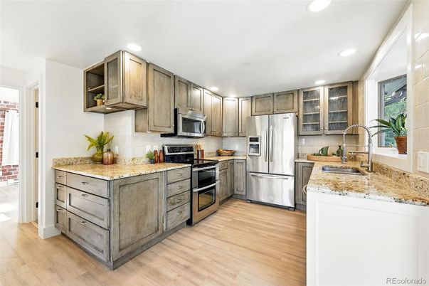 Interior, Kitchen, Recessed Lighting, Stainless Steel Appliances, Wood Texture Flooring