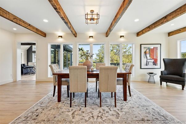 Dining room, Interior, Recessed Lighting, Wooden Beams, Wood Texture Flooring