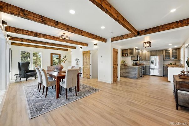 Dining room, Interior, Kitchen, Recessed Lighting, Stainless Steel Appliances, Wooden Beams, Wood Texture Flooring