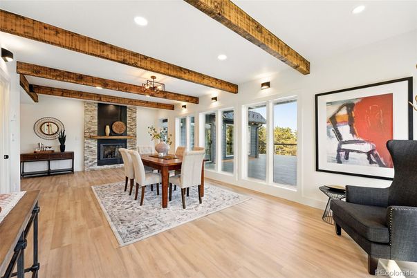 Dining room, Fireplace, Interior, Recessed Lighting, Wooden Beams, Wood Texture Flooring