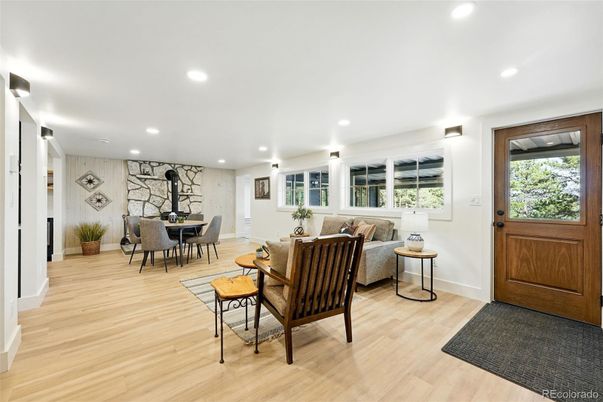 Dining room, Interior, Living room, Recessed Lighting, Wood Texture Flooring