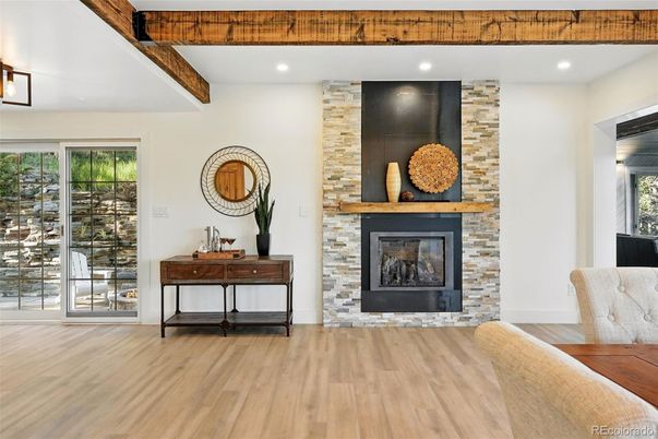 Fireplace, Interior, Recessed Lighting, Stone Walls, Wooden Beams, Wood Texture Flooring