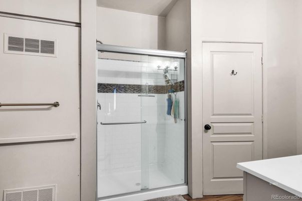 Bathroom, Glass Shower, Interior, Wood Texture Flooring