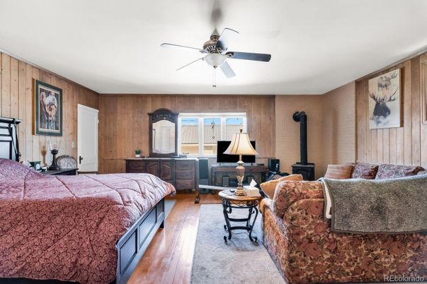 Bedroom, Fireplace, Interior, Wood Texture Flooring, Wooden Walls