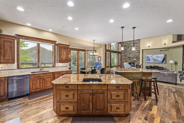 Interior, Kitchen, Living room, Pendant Lights, Recessed Lighting, Stone Walls, Wood Texture Flooring