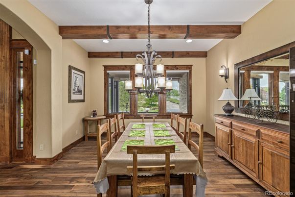 Chandelier, Dining room, Interior, Recessed Lighting, Wooden Beams, Wood Texture Flooring