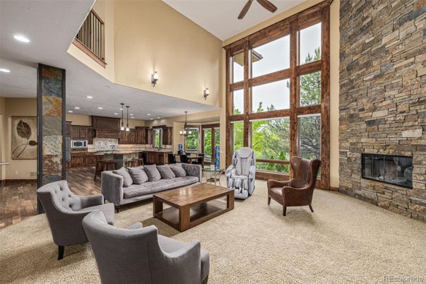 Fireplace, Interior, Kitchen, Living room, Pendant Lights, Recessed Lighting, Stone Walls, Wood Texture Flooring