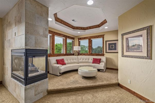 Fireplace, Interior, Living room, Recessed Lighting, Stone Walls