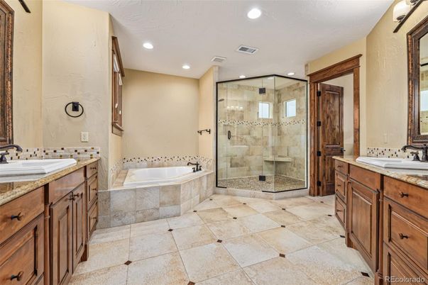 Bathroom, Dual Sink Vanities, Glass Shower, Interior, Recessed Lighting
