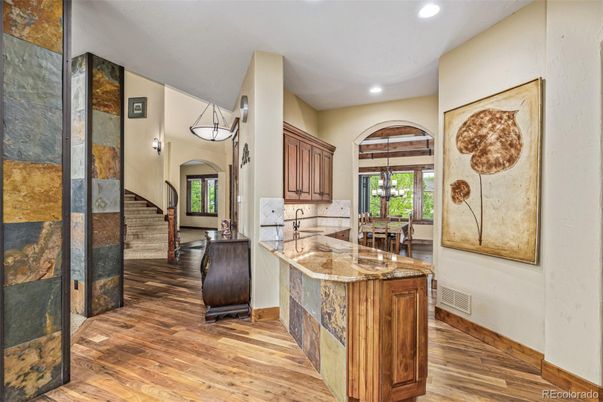 Dining room, Interior, Pendant Lights, Recessed Lighting, Wood Texture Flooring