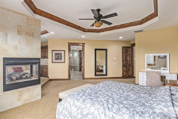 Bedroom, Fireplace, Interior, Recessed Lighting, Stone Walls