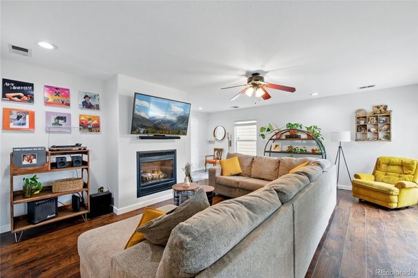Fireplace, Interior, Living room, Recessed Lighting, Wood Texture Flooring