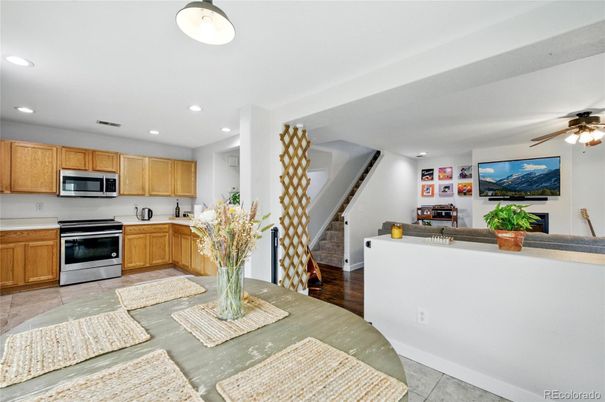 Interior, Kitchen, Living room, Recessed Lighting, Stainless Steel Appliances, Wood Texture Flooring