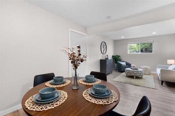 Dining room, Interior, Living room, Recessed Lighting, Wood Texture Flooring