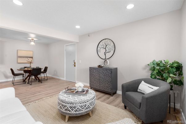 Dining room, Interior, Recessed Lighting, Wood Texture Flooring