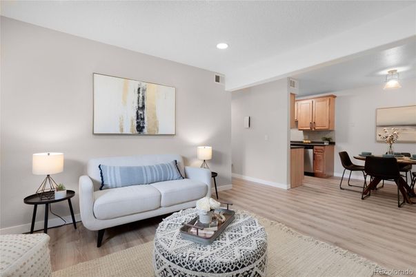 Dining room, Interior, Living room, Recessed Lighting, Wood Texture Flooring