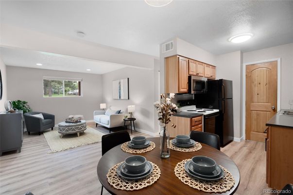 Dining room, Interior, Kitchen, Living room, Recessed Lighting, Wood Texture Flooring