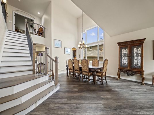 Chandelier, Dining room, Interior, Recessed Lighting, Wood Texture Flooring