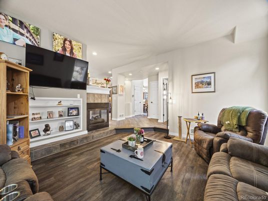 Fireplace, Interior, Living room, Recessed Lighting, Wood Texture Flooring