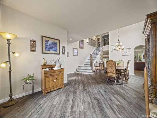 Chandelier, Dining room, Interior, Recessed Lighting, Wood Texture Flooring