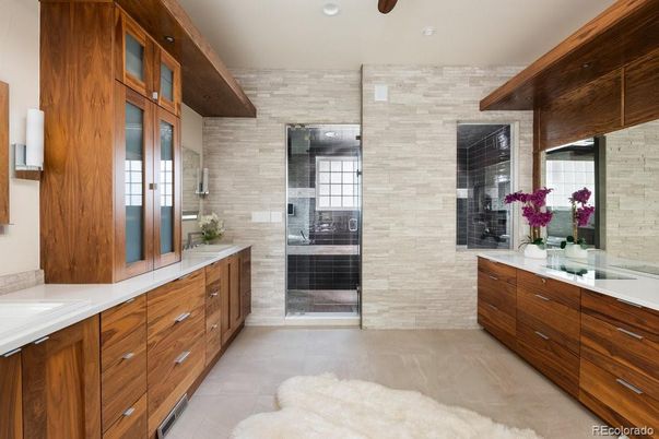 Bathroom, Dual Sink Vanities, Interior, Recessed Lighting, Stone Walls
