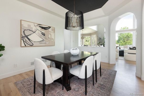 Dining room, Interior, Pendant Lights, Wood Texture Flooring