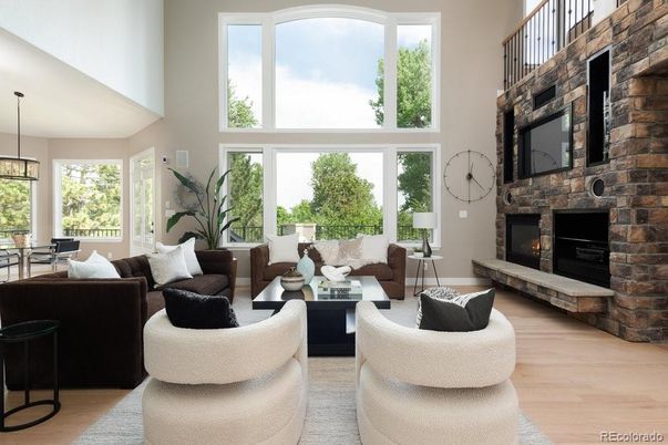 Fireplace, Interior, Living room, Pendant Lights, Stone Walls, Wood Texture Flooring