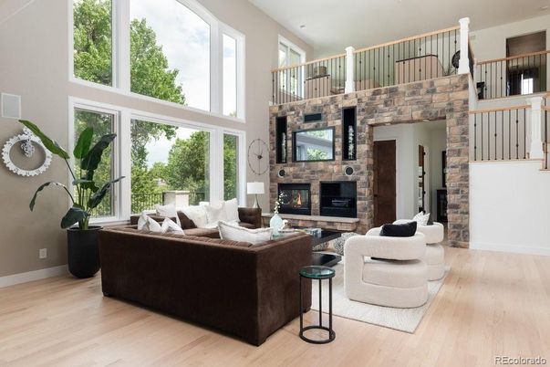 Fireplace, Interior, Living room, Recessed Lighting, Wood Texture Flooring