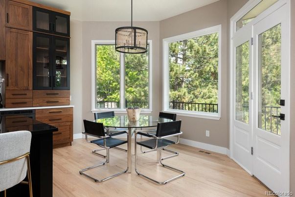 Dining room, Interior, Pendant Lights, Wood Texture Flooring