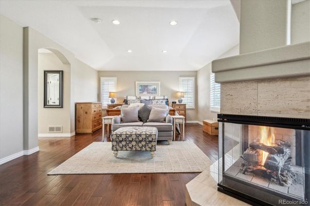 Fireplace, Interior, Living room, Recessed Lighting, Wood Texture Flooring