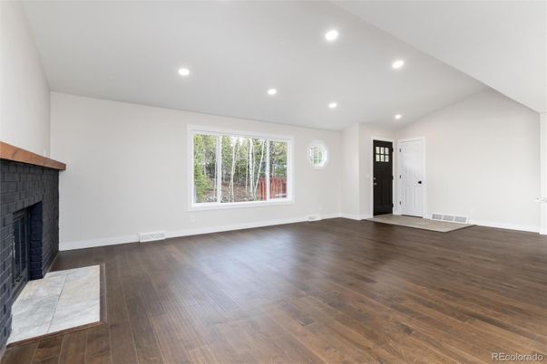 Empty room, Fireplace, Interior, Recessed Lighting, Wood Texture Flooring