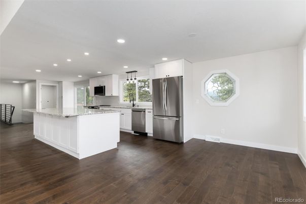 Interior, Kitchen, Recessed Lighting, Stainless Steel Appliances, Wood Texture Flooring