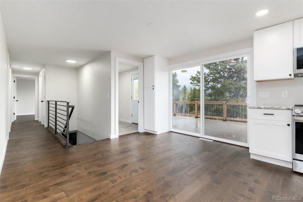 Empty room, Interior, Kitchen, Recessed Lighting, Wood Texture Flooring
