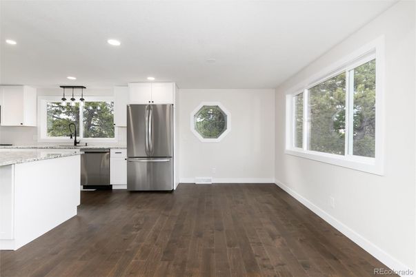 Interior, Kitchen, Pendant Lights, Recessed Lighting, Stainless Steel Appliances, Wood Texture Flooring