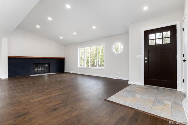 Empty room, Fireplace, Interior, Recessed Lighting, Wood Texture Flooring