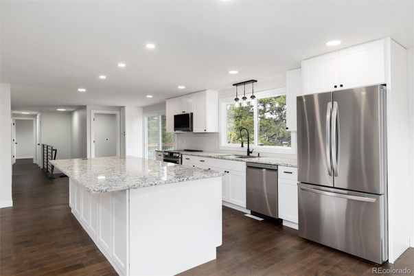 Interior, Kitchen, Pendant Lights, Recessed Lighting, Stainless Steel Appliances, Wood Texture Flooring