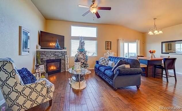 Chandelier, Dining room, Fireplace, Interior, Living room, Pendant Lights, Wood Texture Flooring
