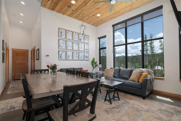 Dining room, Interior, Living room, Pendant Lights, Recessed Lighting, Wooden Ceilings