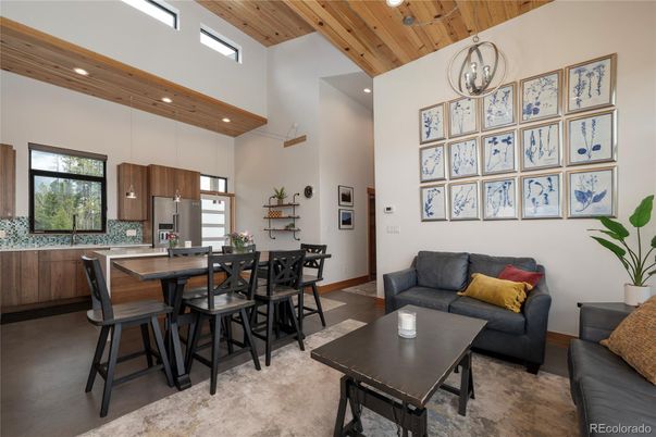 Dining room, Interior, Kitchen, Living room, Pendant Lights, Recessed Lighting, Stainless Steel Appliances, Wooden Beams, Wooden Ceilings