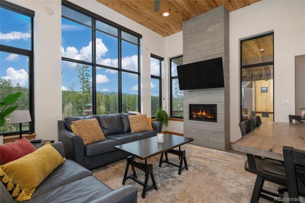 Dining room, Fireplace, Interior, Living room, Recessed Lighting, Wooden Beams, Wooden Ceilings