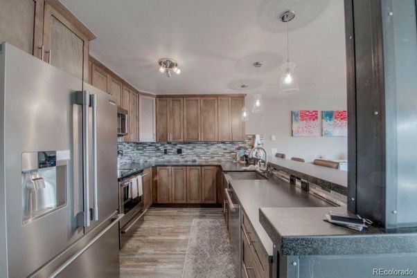 Interior, Kitchen, Pendant Lights, Stainless Steel Appliances, Wood Texture Flooring