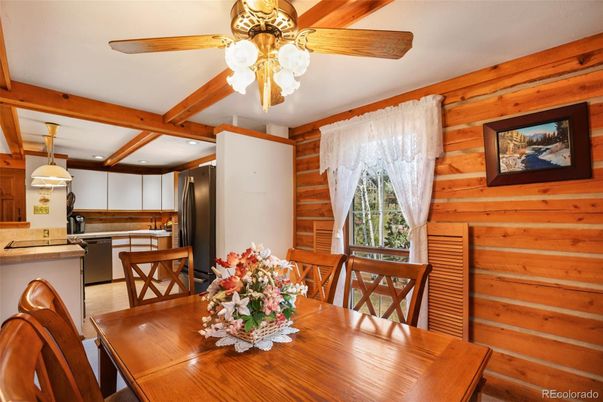 Dining room, Interior, Kitchen, Recessed Lighting, Wooden Beams, Wooden Walls