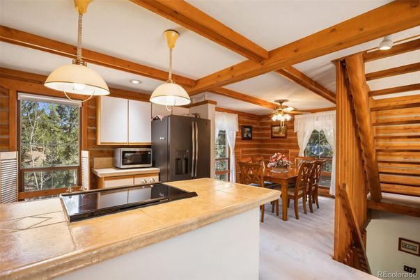 Dining room, Interior, Kitchen, Pendant Lights, Recessed Lighting, Wooden Beams