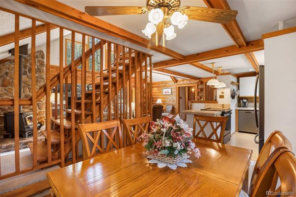 Chandelier, Dining room, Fireplace, Interior, Kitchen, Wooden Beams