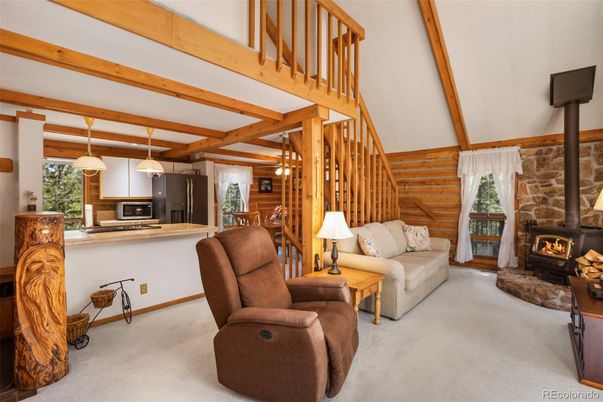 Dining room, Fireplace, Interior, Kitchen, Living room, Pendant Lights, Wooden Beams