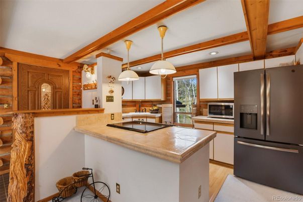 Interior, Kitchen, Pendant Lights, Recessed Lighting, Wooden Beams, Wood Texture Flooring
