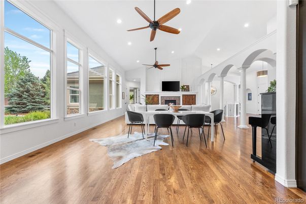 Dining room, Fireplace, Interior, Recessed Lighting, Wood Texture Flooring