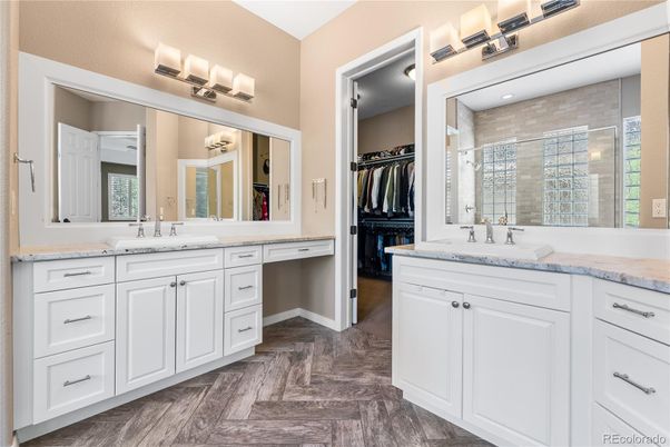 Bathroom, Dual Sink Vanities, Interior, Walk-in Closets, Wood Texture Flooring