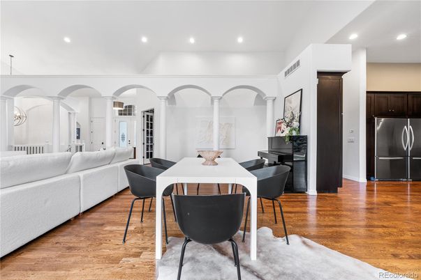 Dining room, Interior, Living room, Recessed Lighting, Wood Texture Flooring
