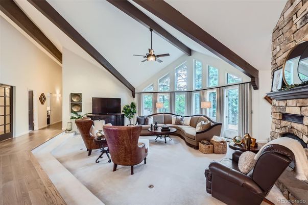 Dining room, Fireplace, Interior, Living room, Stone Walls, Wooden Beams, Wood Texture Flooring